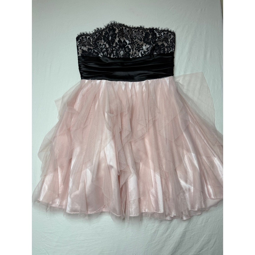 Y2K Deb Vintage Strapless Pink Tulle Black Lace Cocktail Dress Size 9/10